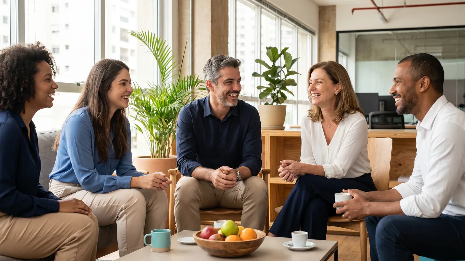 Funcionários de uma pequena empresa conversam em um ambiente de trabalho voltado à saúde e ao bem-estar
