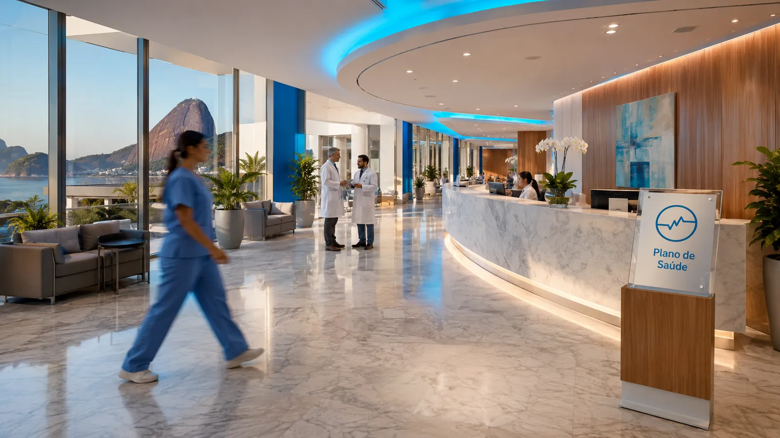 Lobby de hospital no Rio de Janeiro com operadoras de saúde - Amil, Bradesco, Unimed, Golden Cross e Intermédica